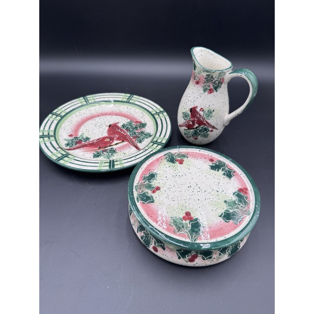 Vtg Christmas Cardinals Julie Ueland Cardinal Plate Cake Riser Plate Pitcher